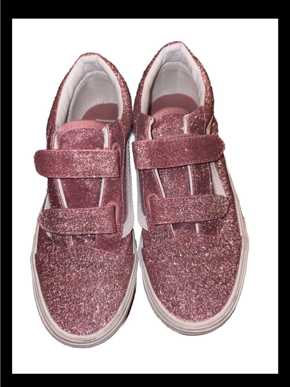 Vans Old Skool V Sneakers Rose Gold Glitter Velcro Closure Girls Size 3